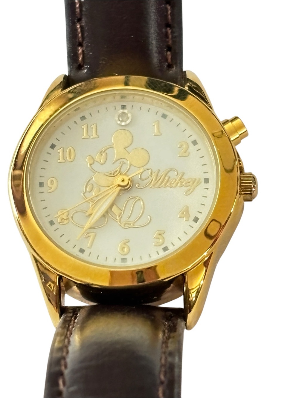 Disney MZ Berger Vintage Mickey Mouse Musical Gold Tone Leather Watch OS